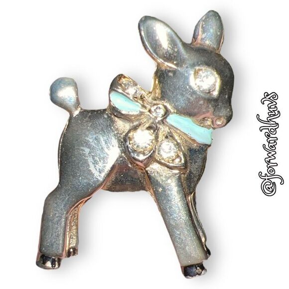 Small Deer Pin Brooch with Rhinestone Eyes & Blue Enamel Bow - Picture 7 of 10
